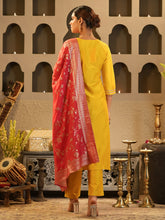 Yellow Embroidered Straight Kurta Trousers With Dupatta Set